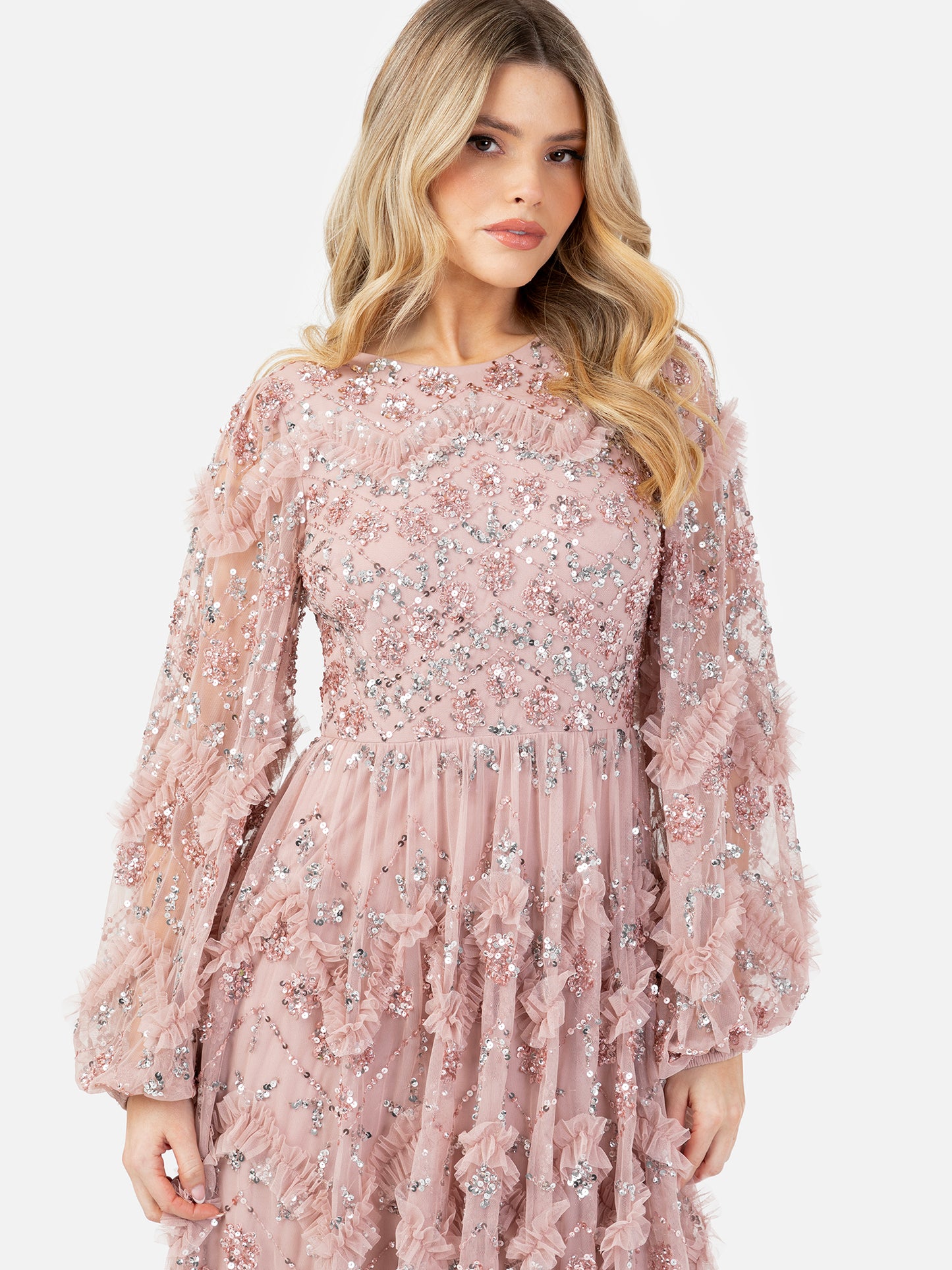 Maya Frosted Pink Embellished Blouson Sleeve Maxi Dress