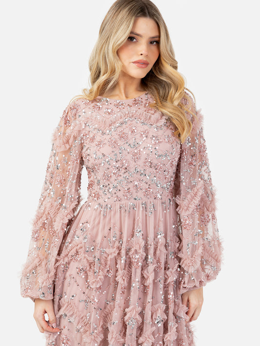 Maya Frosted Pink Embellished Blouson Sleeve Maxi Dress