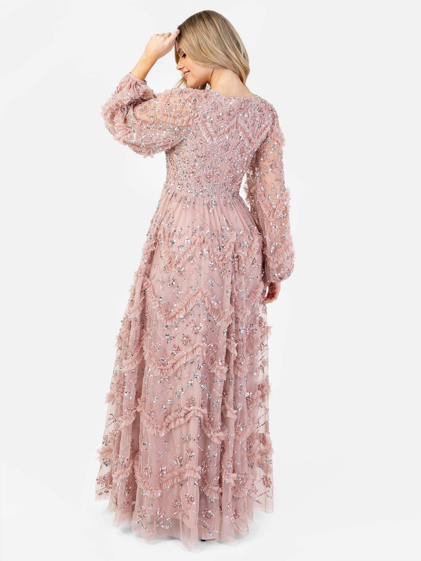Maya Frosted Pink Embellished Blouson Sleeve Maxi Dress