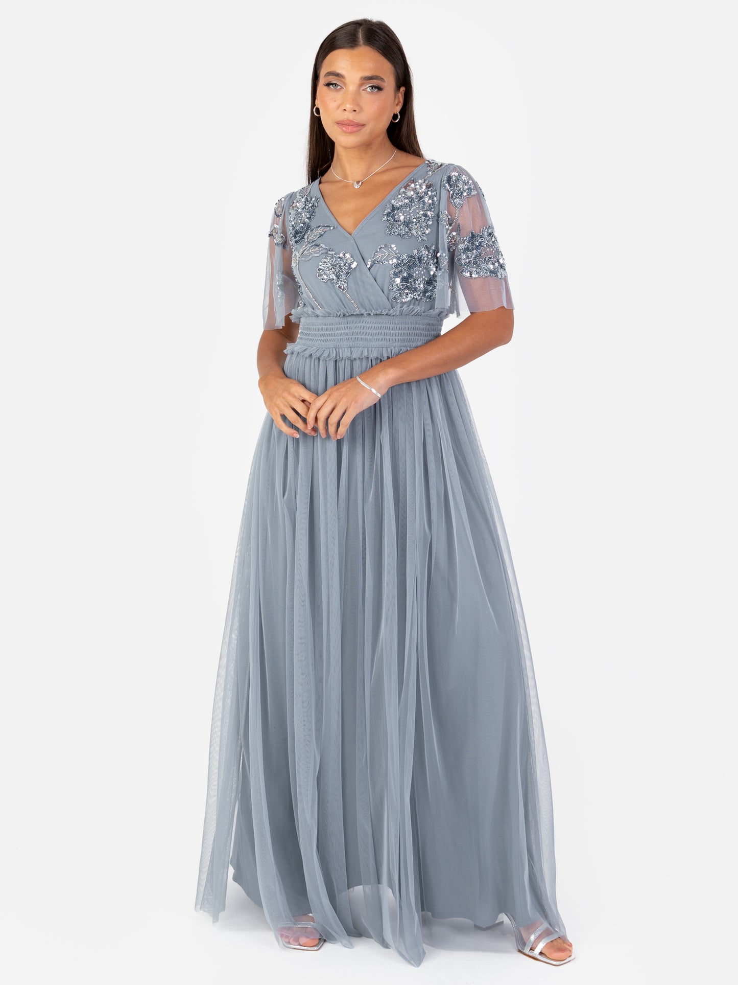 Maya Dusty Blue Floral Embellished Shirred Waist Short Sleeve Maxi Dress