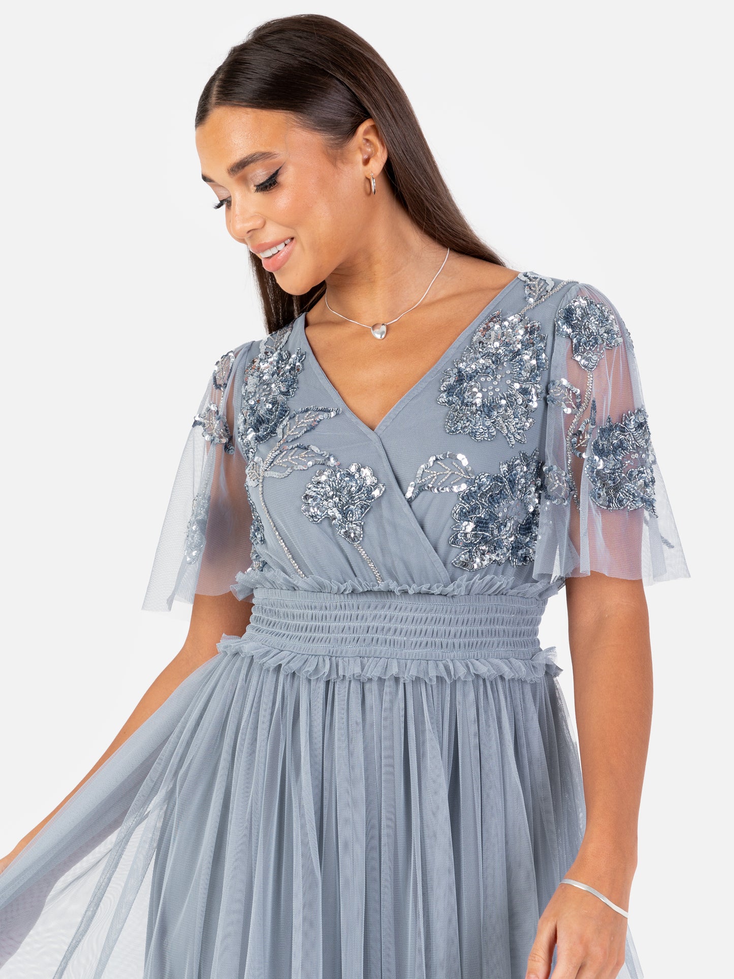 Maya Dusty Blue Floral Embellished Shirred Waist Short Sleeve Maxi Dress