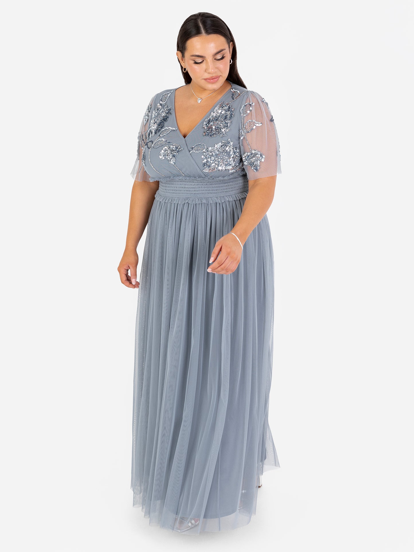 Maya Dusty Blue Floral Embellished Shirred Waist Short Sleeve Maxi Dress