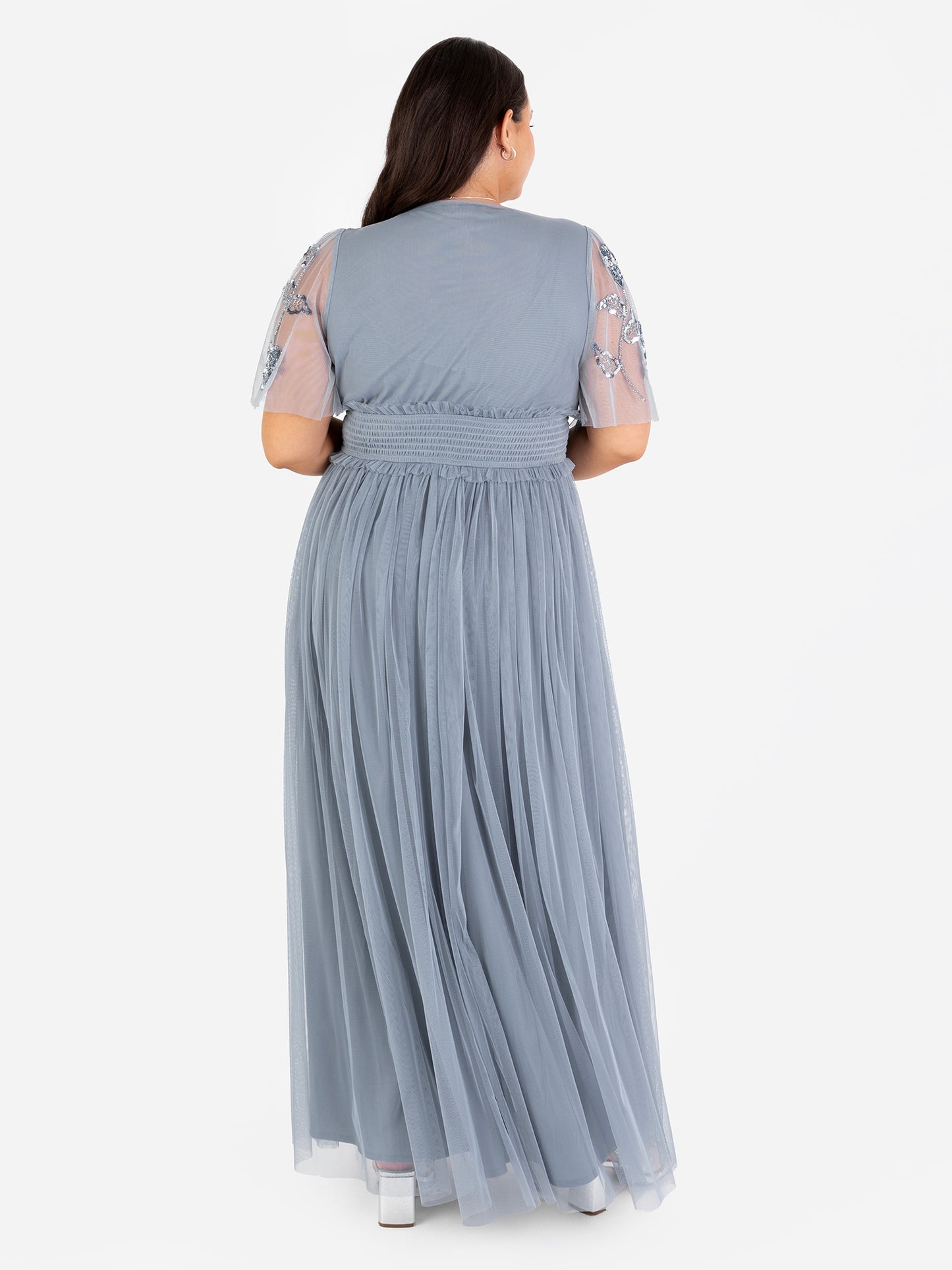 Maya Dusty Blue Floral Embellished Shirred Waist Short Sleeve Maxi Dress