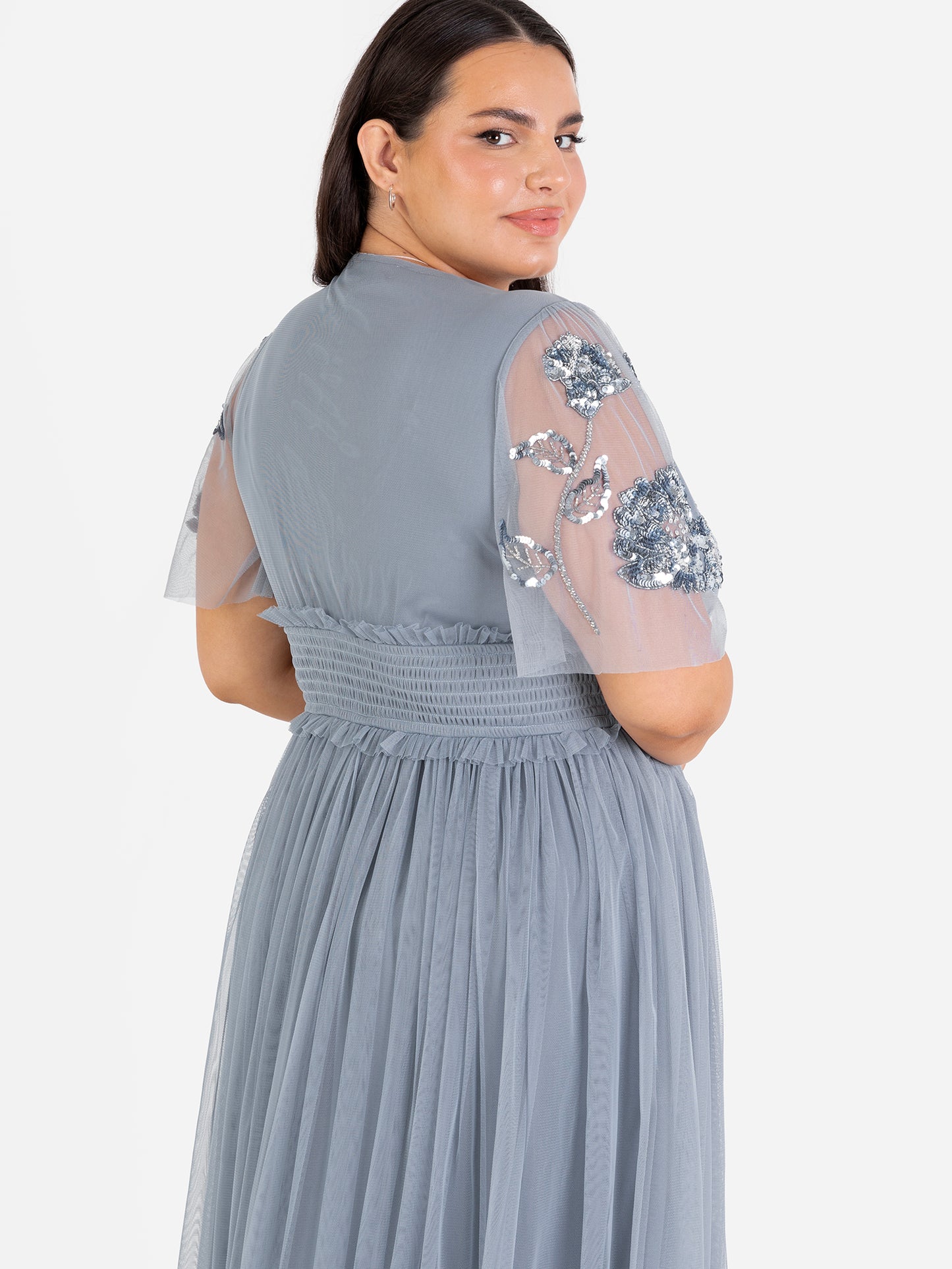 Maya Dusty Blue Floral Embellished Shirred Waist Short Sleeve Maxi Dress