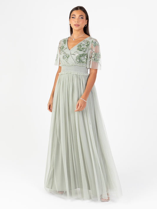 Maya Sage Green Floral Embellished Shirred Waist Short Sleeve Maxi Dress