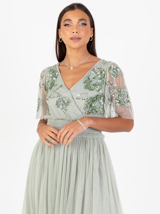 Maya Sage Green Floral Embellished Shirred Waist Short Sleeve Maxi Dress