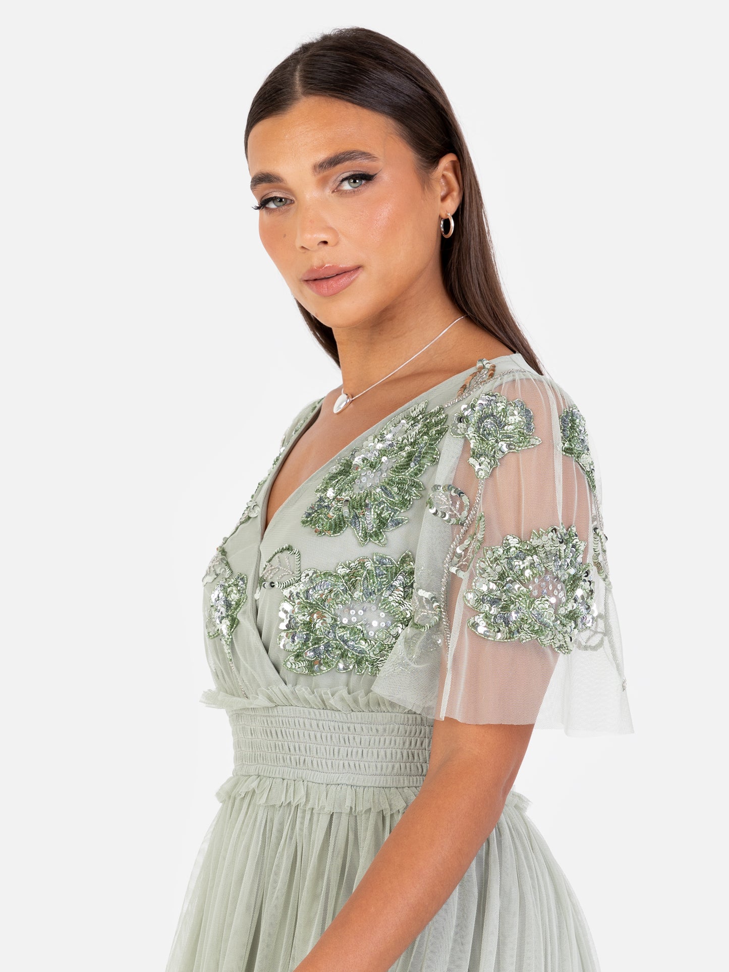 Maya Sage Green Floral Embellished Shirred Waist Short Sleeve Maxi Dress