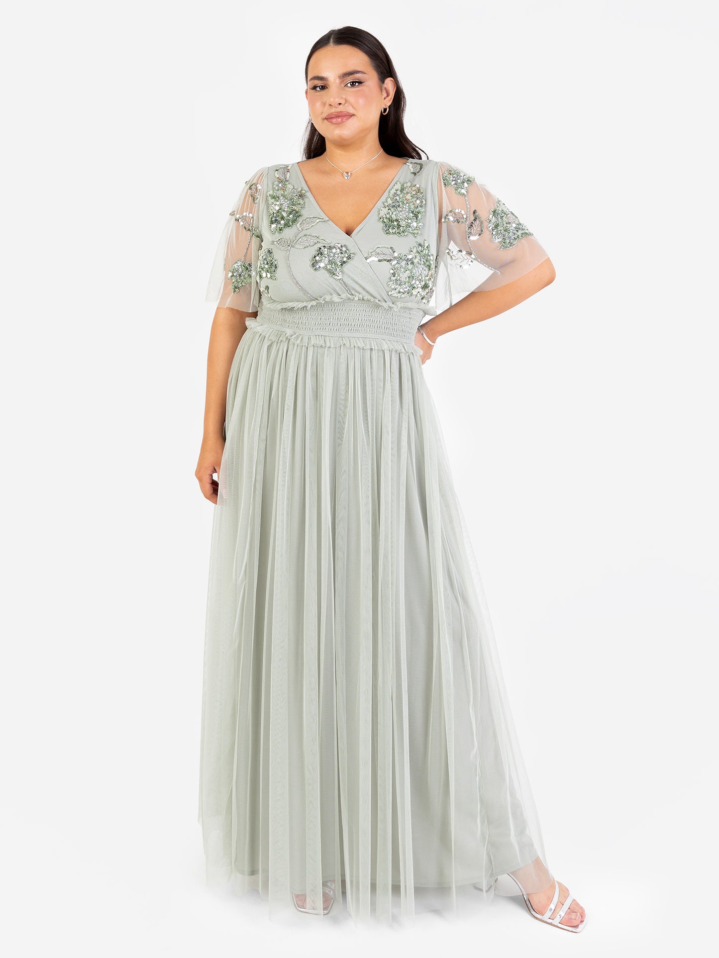 slim fit dress slacks Maya Sage Green Floral Embellished Shirred Waist Short Sleeve Maxi Dre –  Maya Deluxe