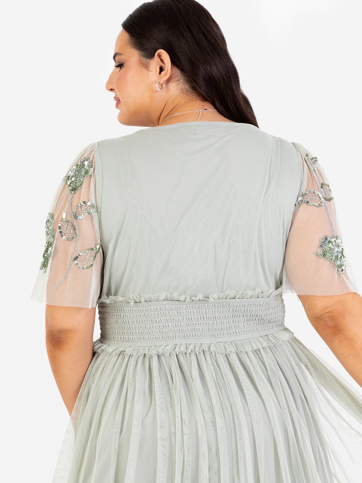 Maya Sage Green Floral Embellished Shirred Waist Short Sleeve Maxi Dress