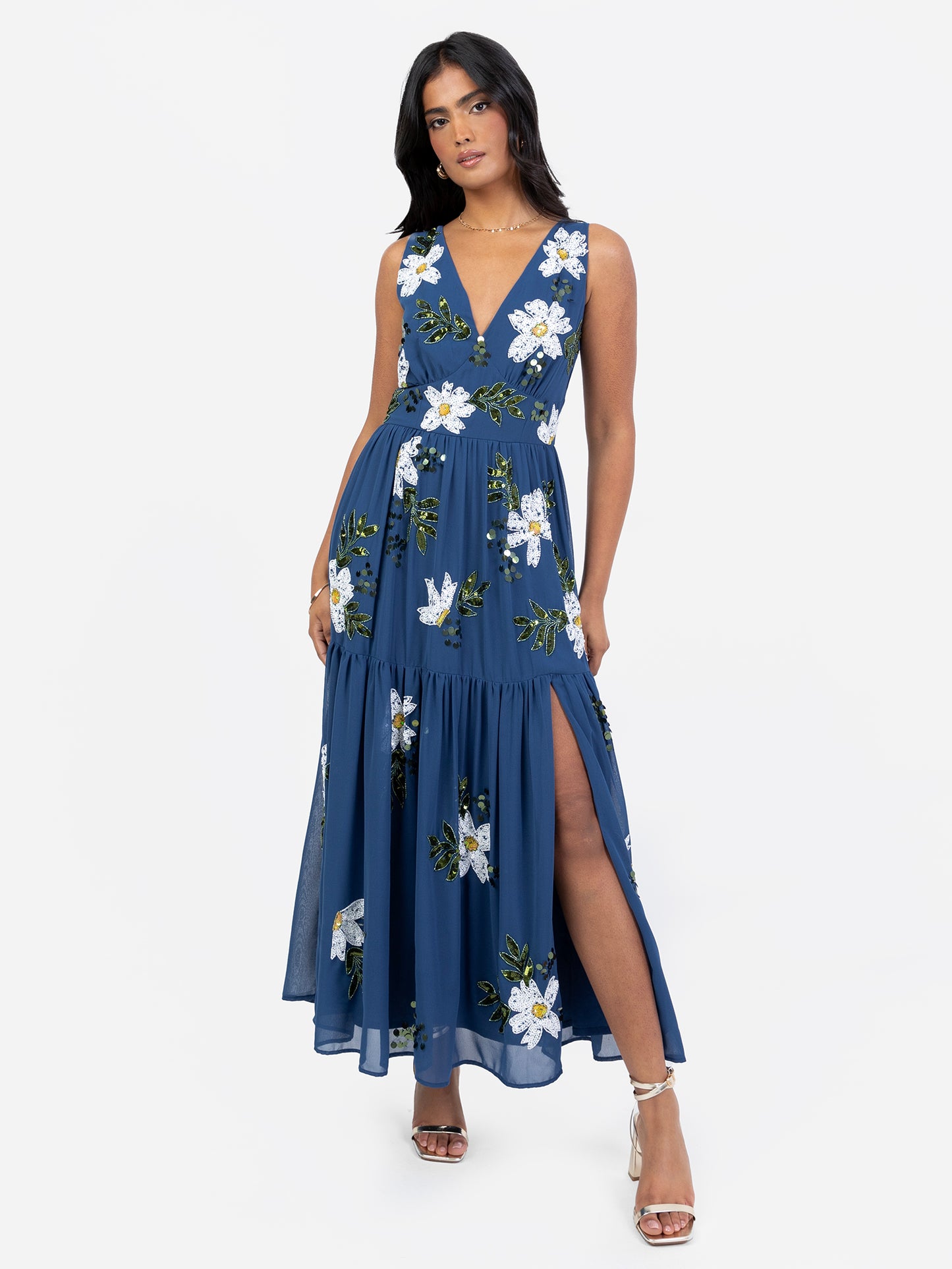 Maya Blue Floral Embellished V Neck Midaxi Dress with Split