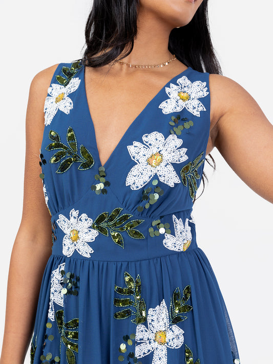 Maya Blue Floral Embellished V Neck Midaxi Dress with Split