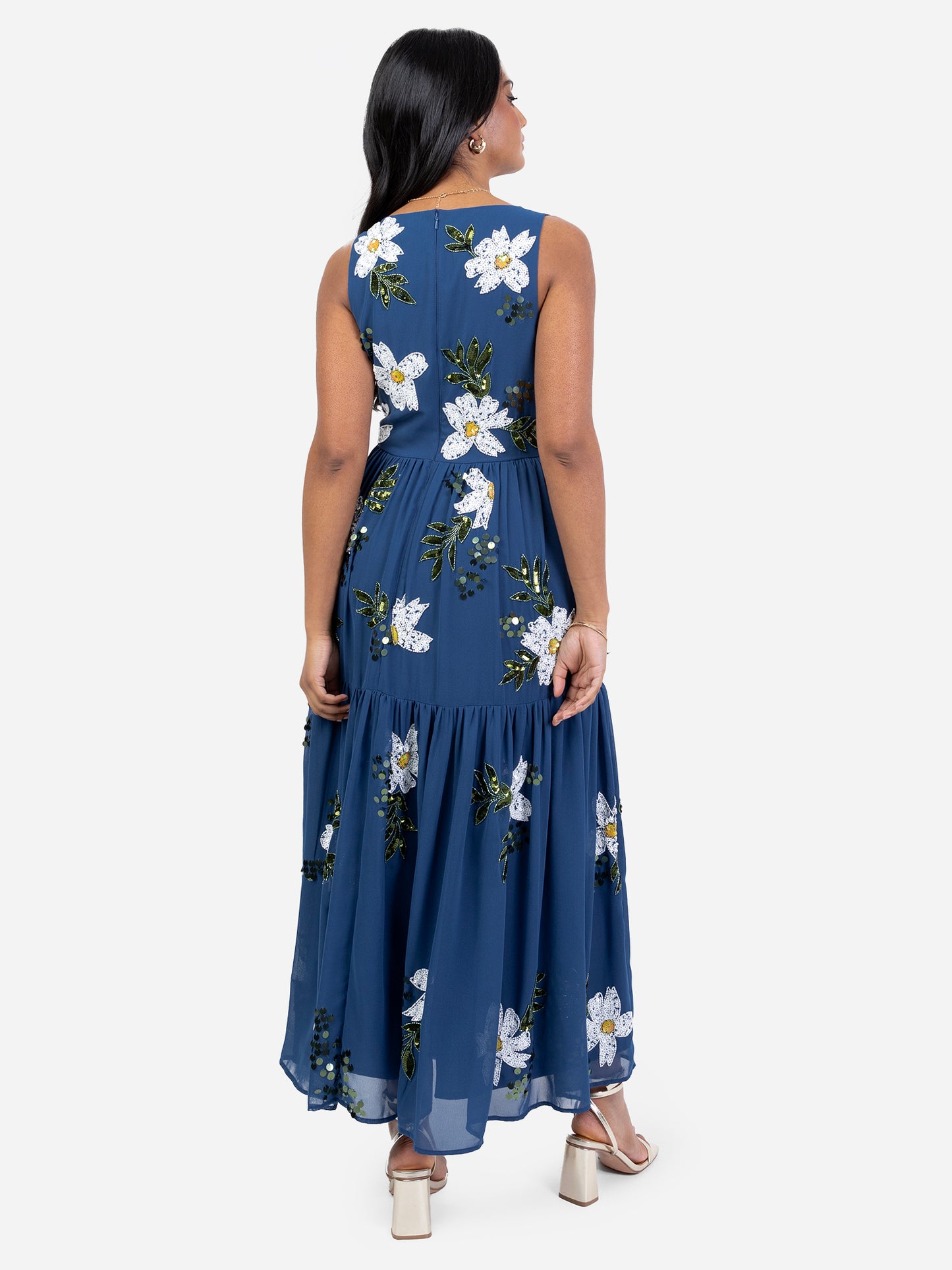 Maya Blue Floral Embellished V Neck Midaxi Dress with Split