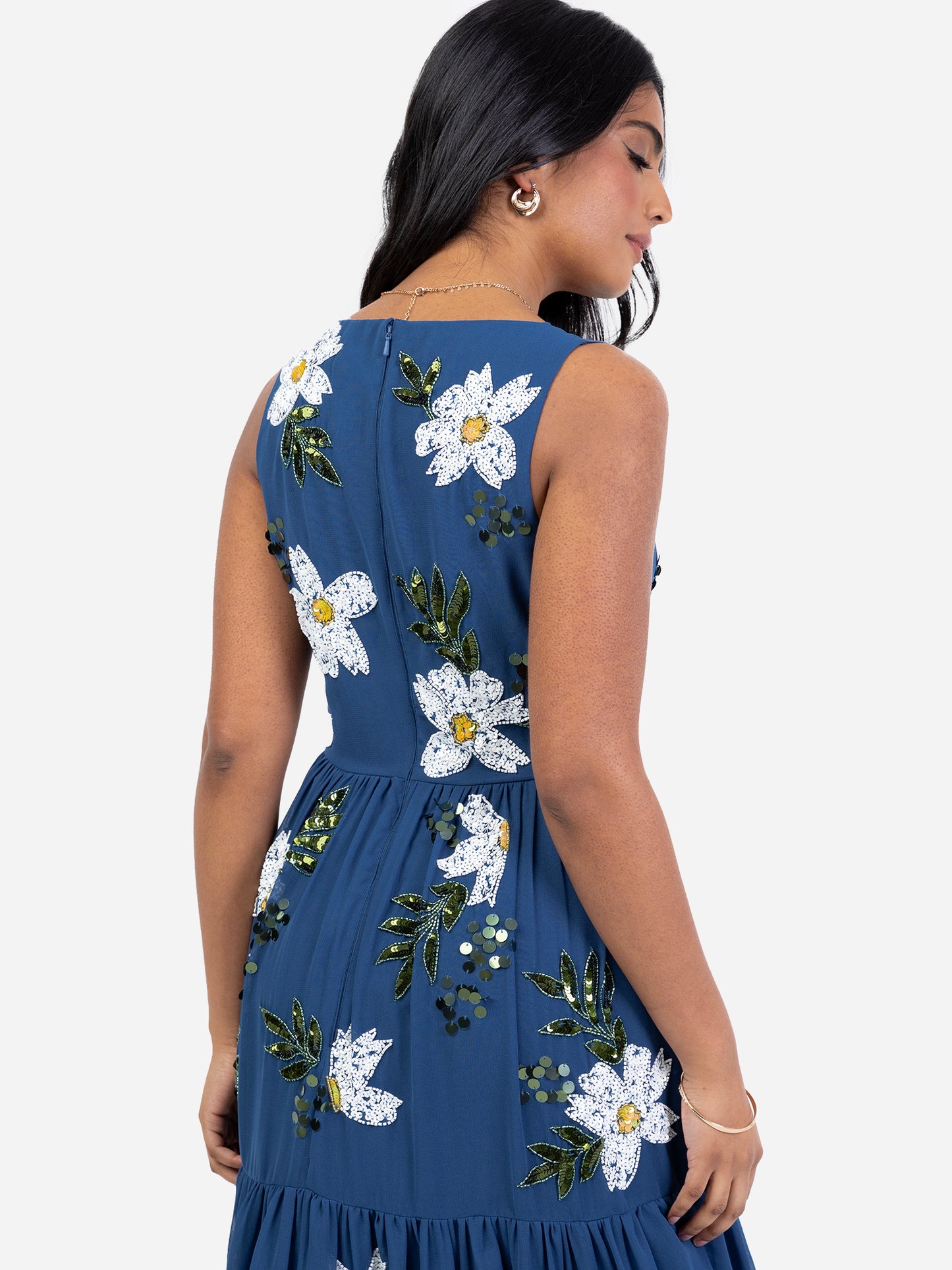 Maya Blue Floral Embellished V Neck Midaxi Dress with Split