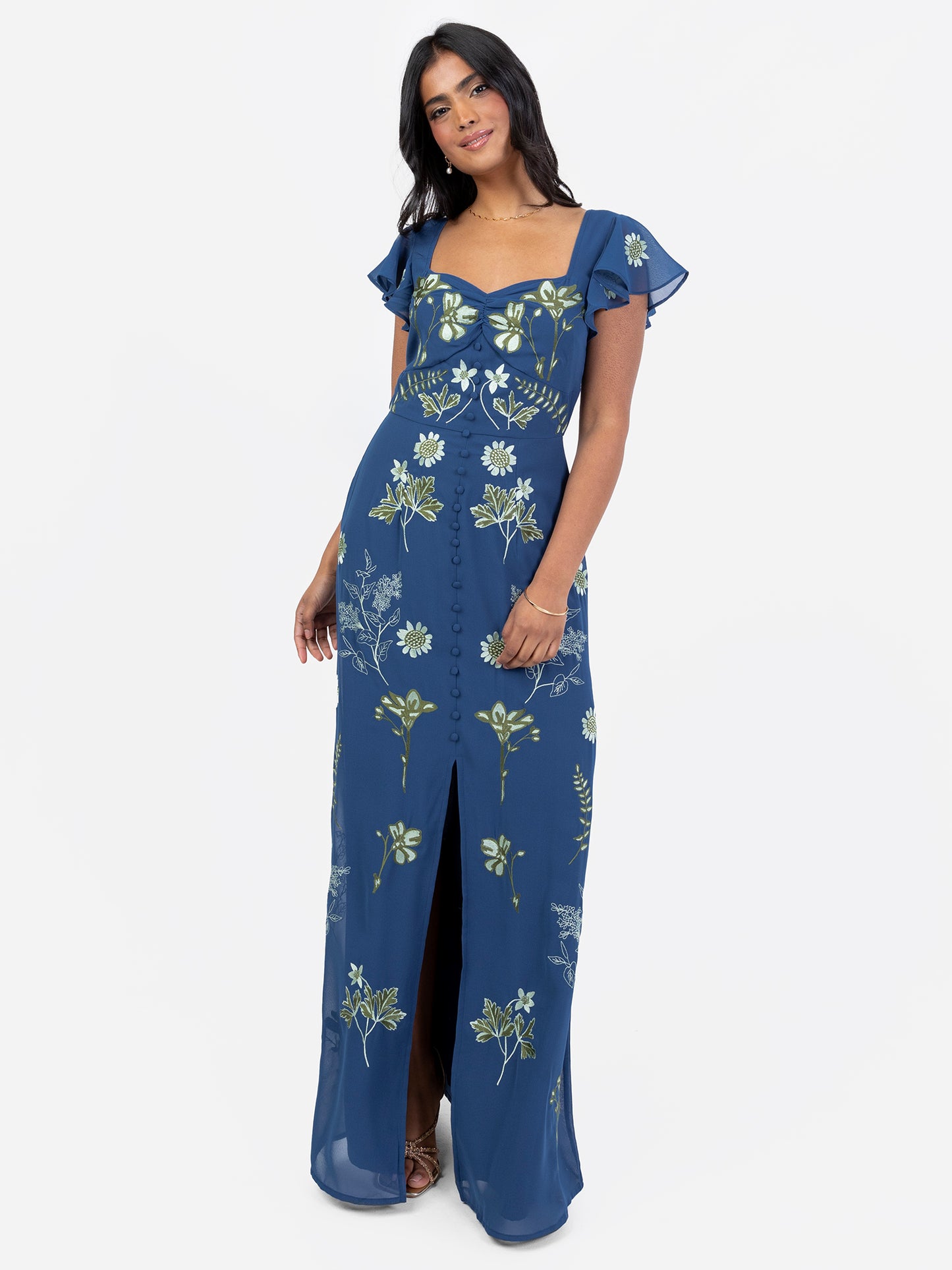 Maya Blue Embroidered Short Sleeve & Keyhole Back Maxi Dress with Split
