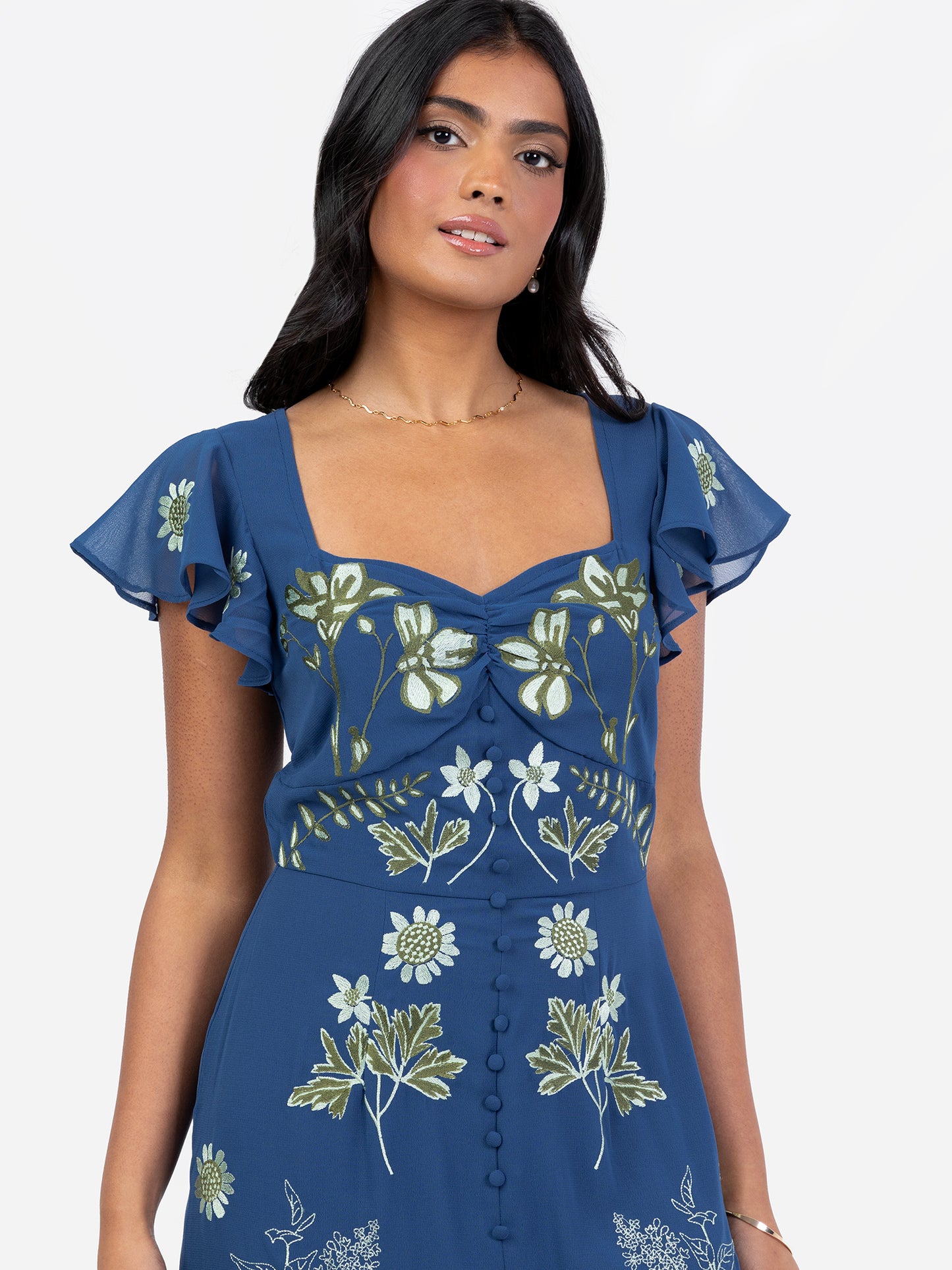 Maya Blue Embroidered Short Sleeve & Keyhole Back Maxi Dress with Split