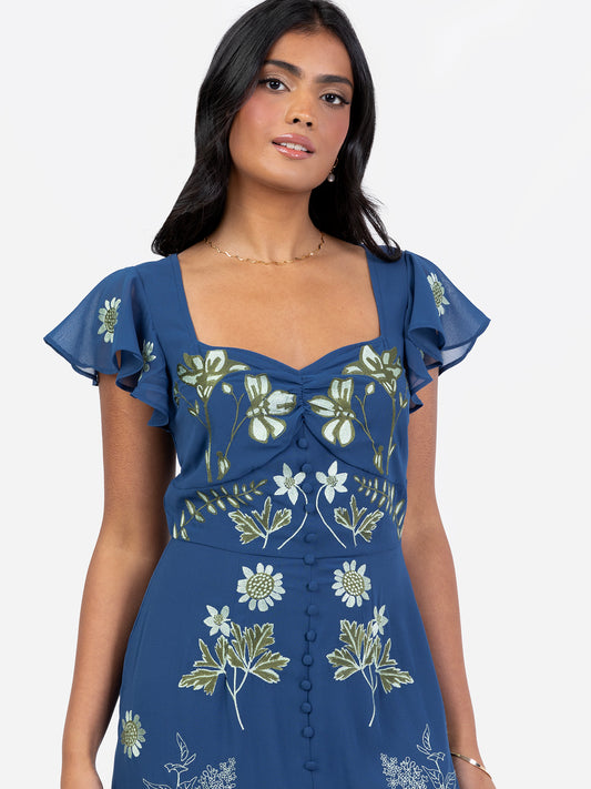 Maya Blue Embroidered Short Sleeve & Keyhole Back Maxi Dress with Split