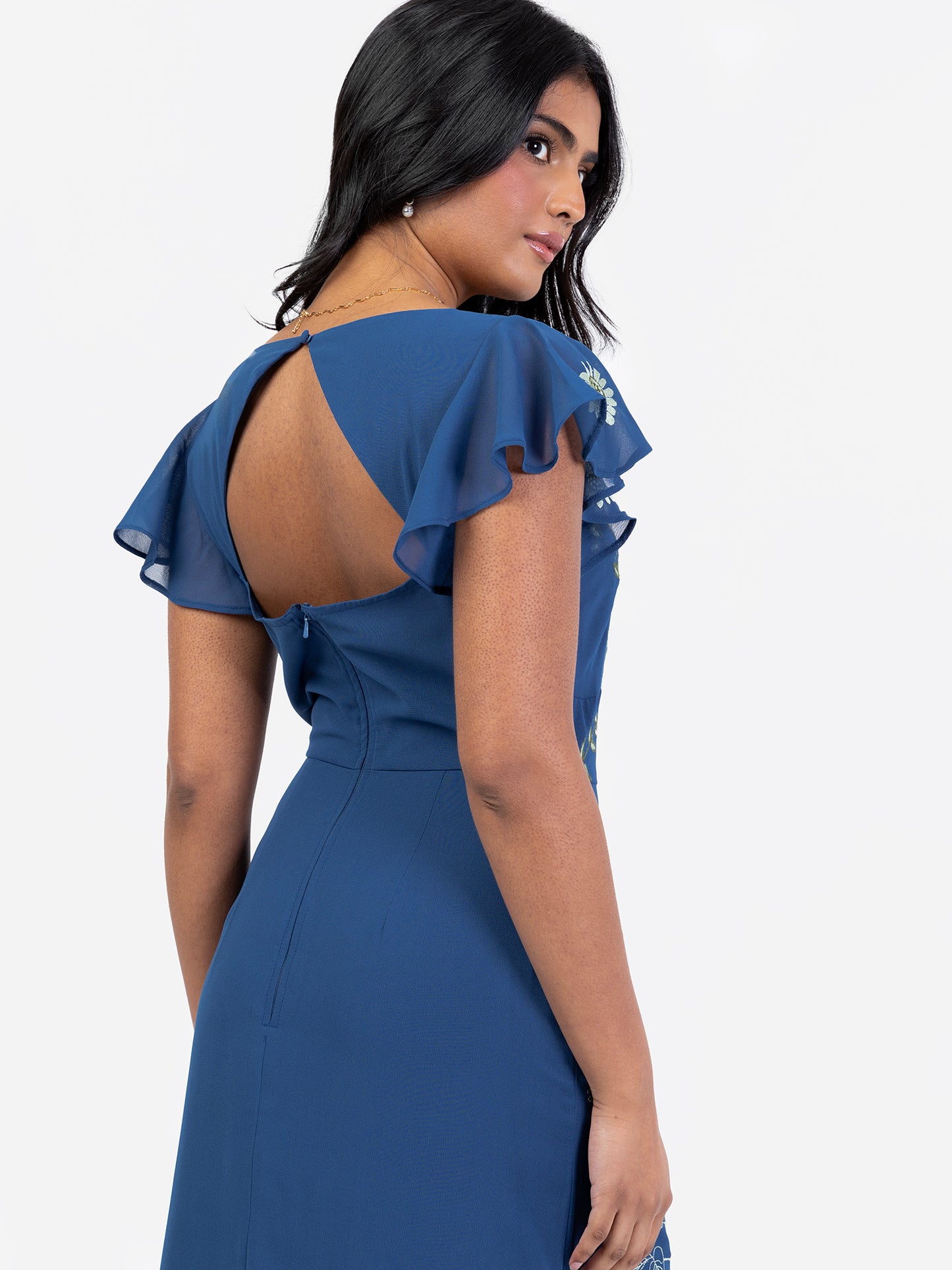 Maya Blue Embroidered Short Sleeve & Keyhole Back Maxi Dress with Split