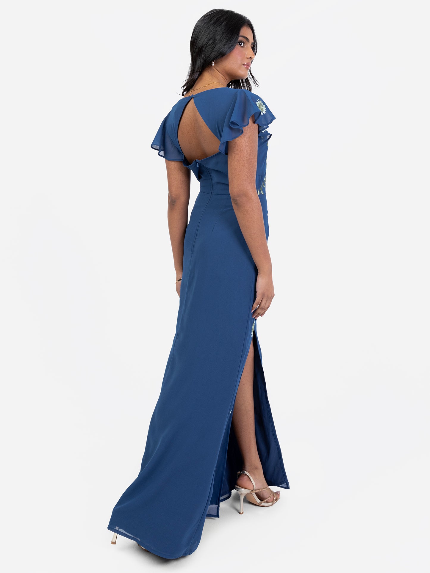 Maya Blue Embroidered Short Sleeve & Keyhole Back Maxi Dress with Split