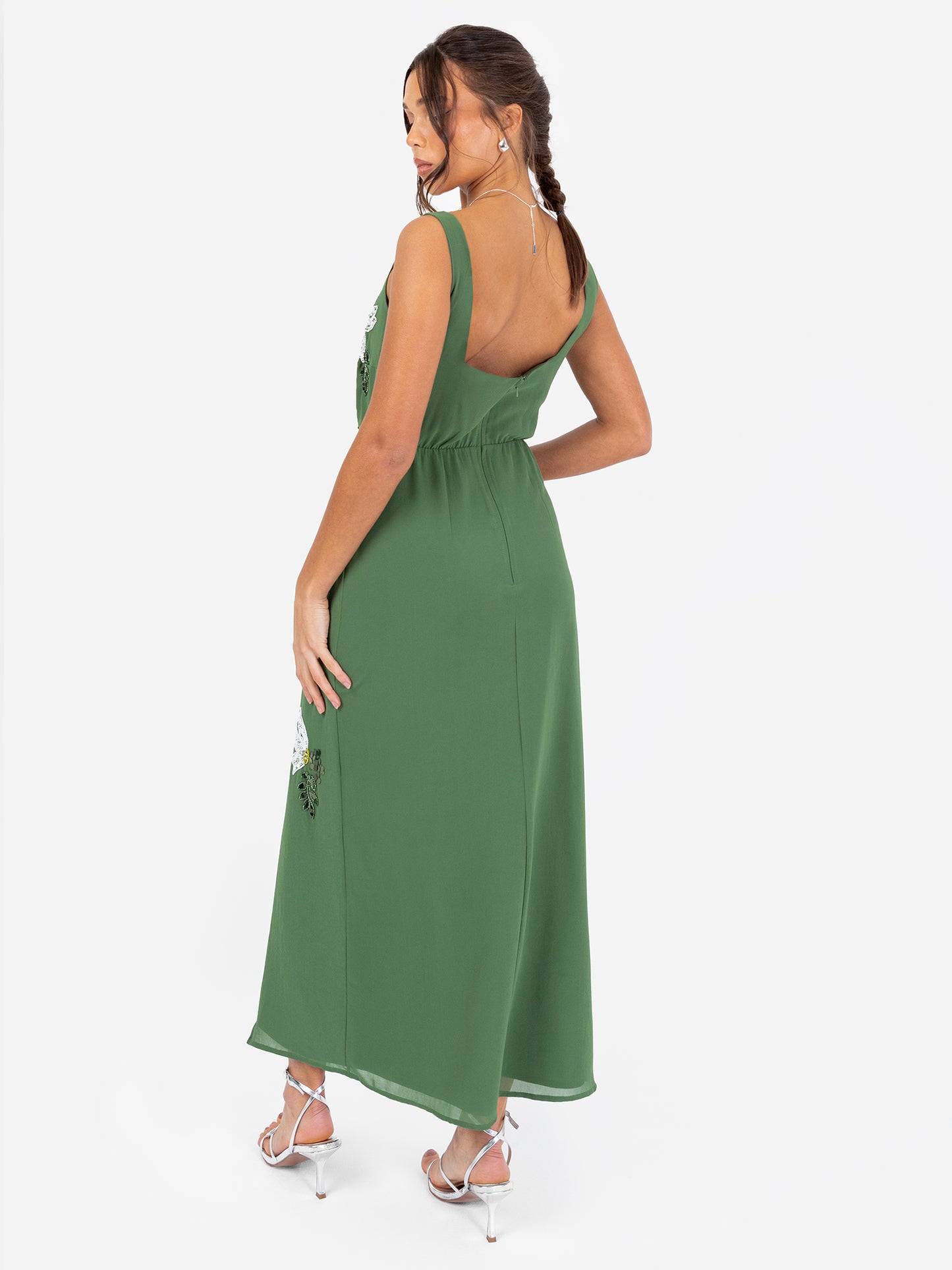 Maya Mid Green Floral Motif Scalloped Square Neck Midaxi Dress with Split