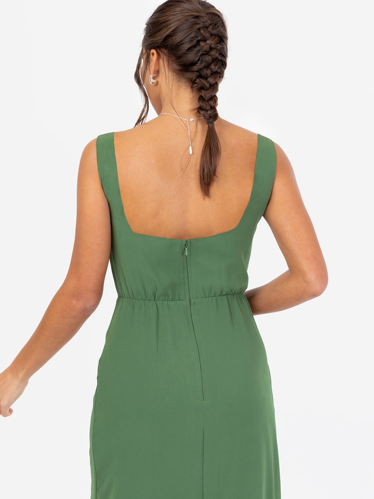 Maya Mid Green Floral Motif Scalloped Square Neck Midaxi Dress with Split