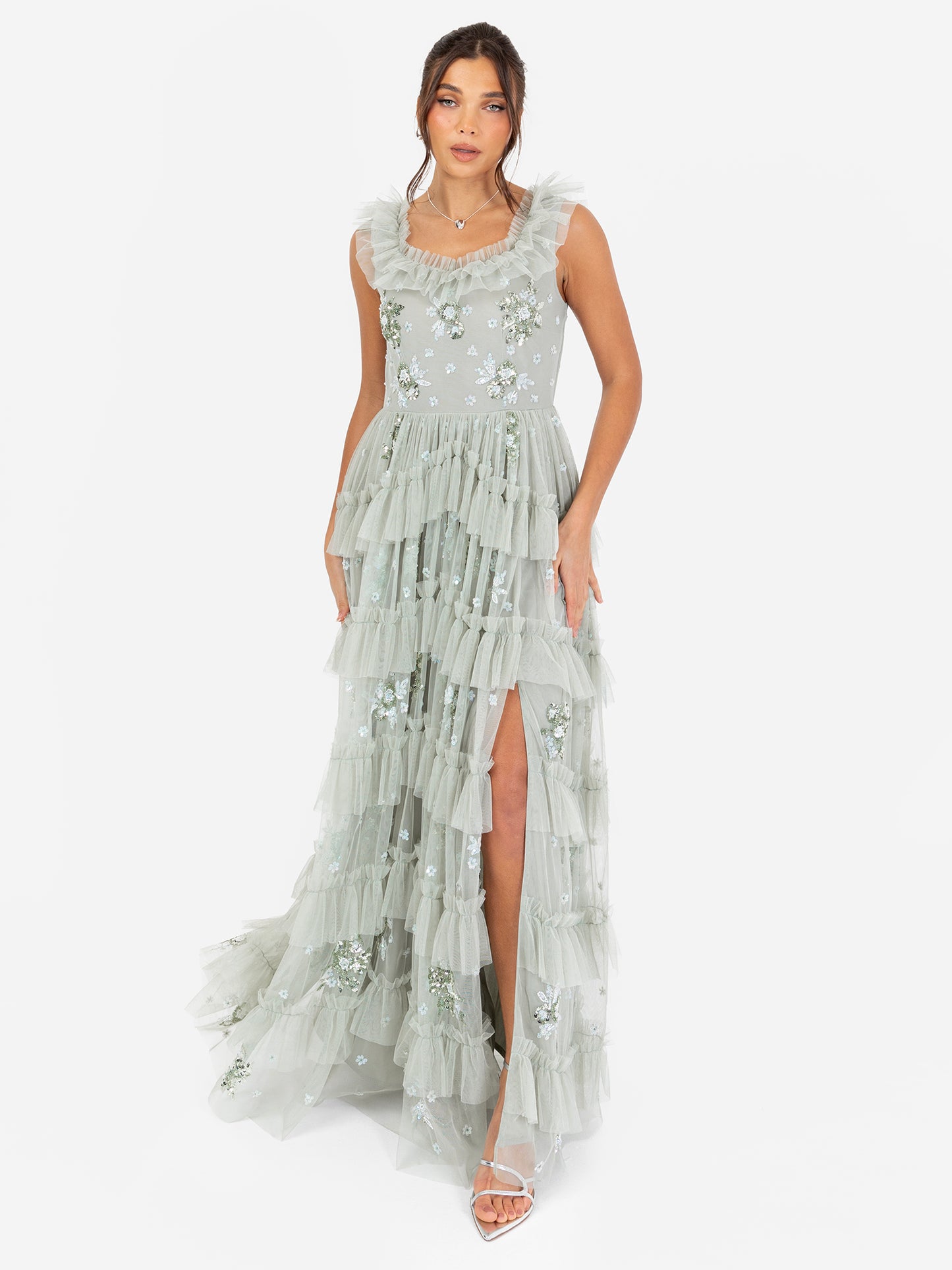 Maya Sage Green Embellished Sleeveless Tiered Maxi Dress