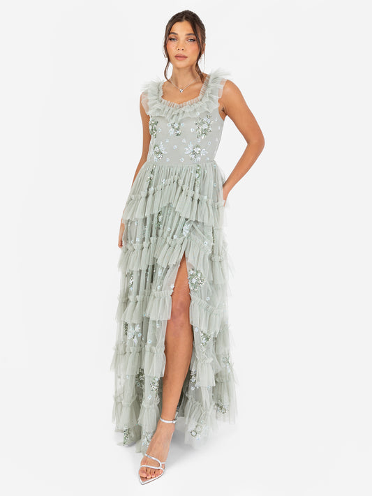 Maya Sage Green Embellished Sleeveless Tiered Maxi Dress
