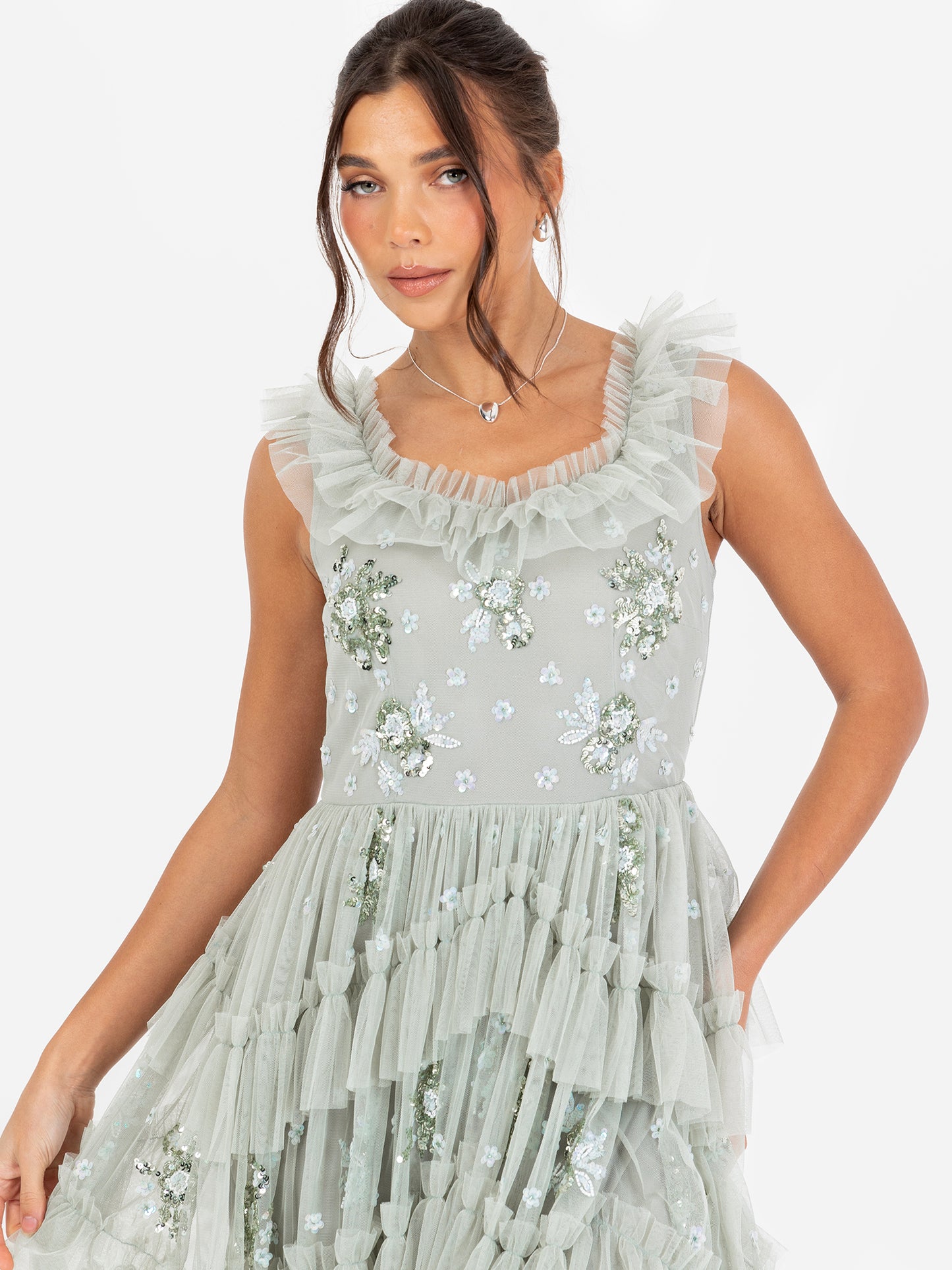 Maya Sage Green Embellished Sleeveless Tiered Maxi Dress