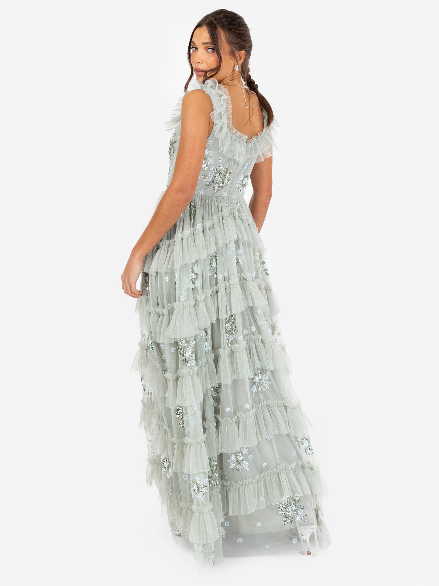 Maya Sage Green Embellished Sleeveless Tiered Maxi Dress