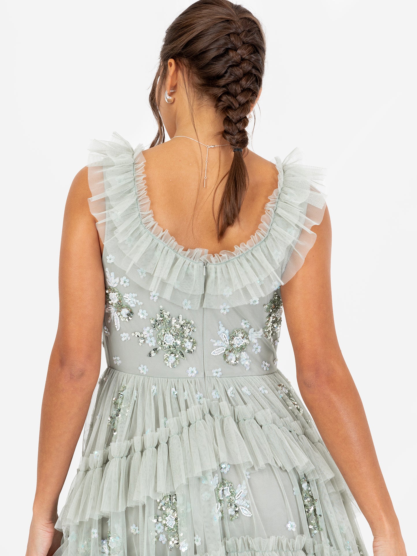 Maya Sage Green Embellished Sleeveless Tiered Maxi Dress
