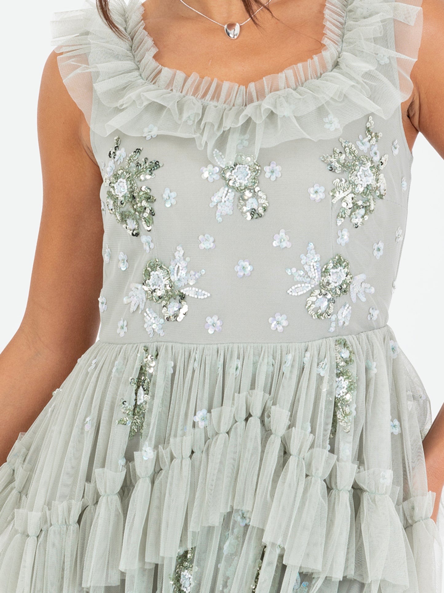 Maya Sage Green Embellished Sleeveless Tiered Maxi Dress
