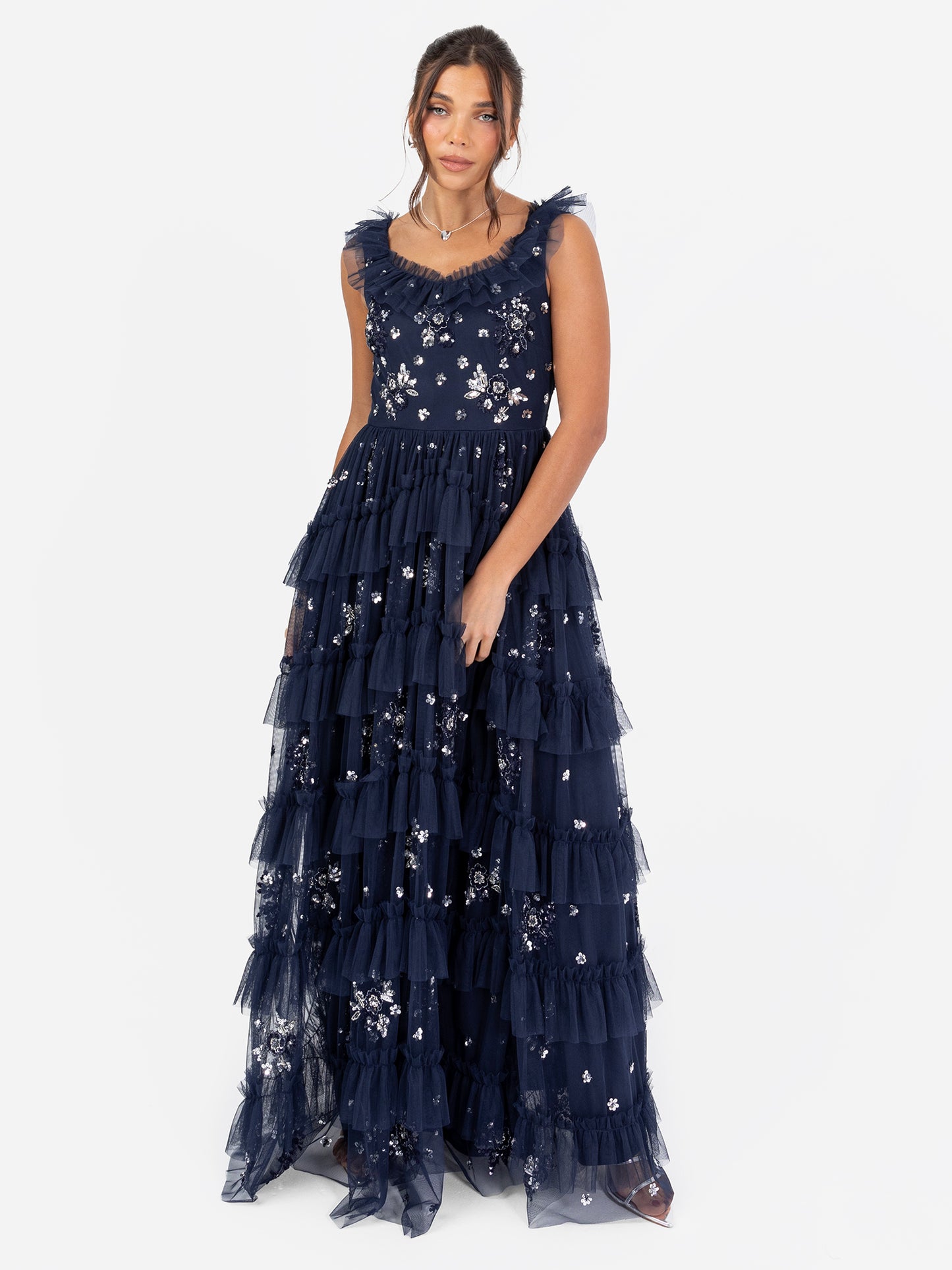 Maya Navy Embellished Sleeveless Tiered Maxi Dress