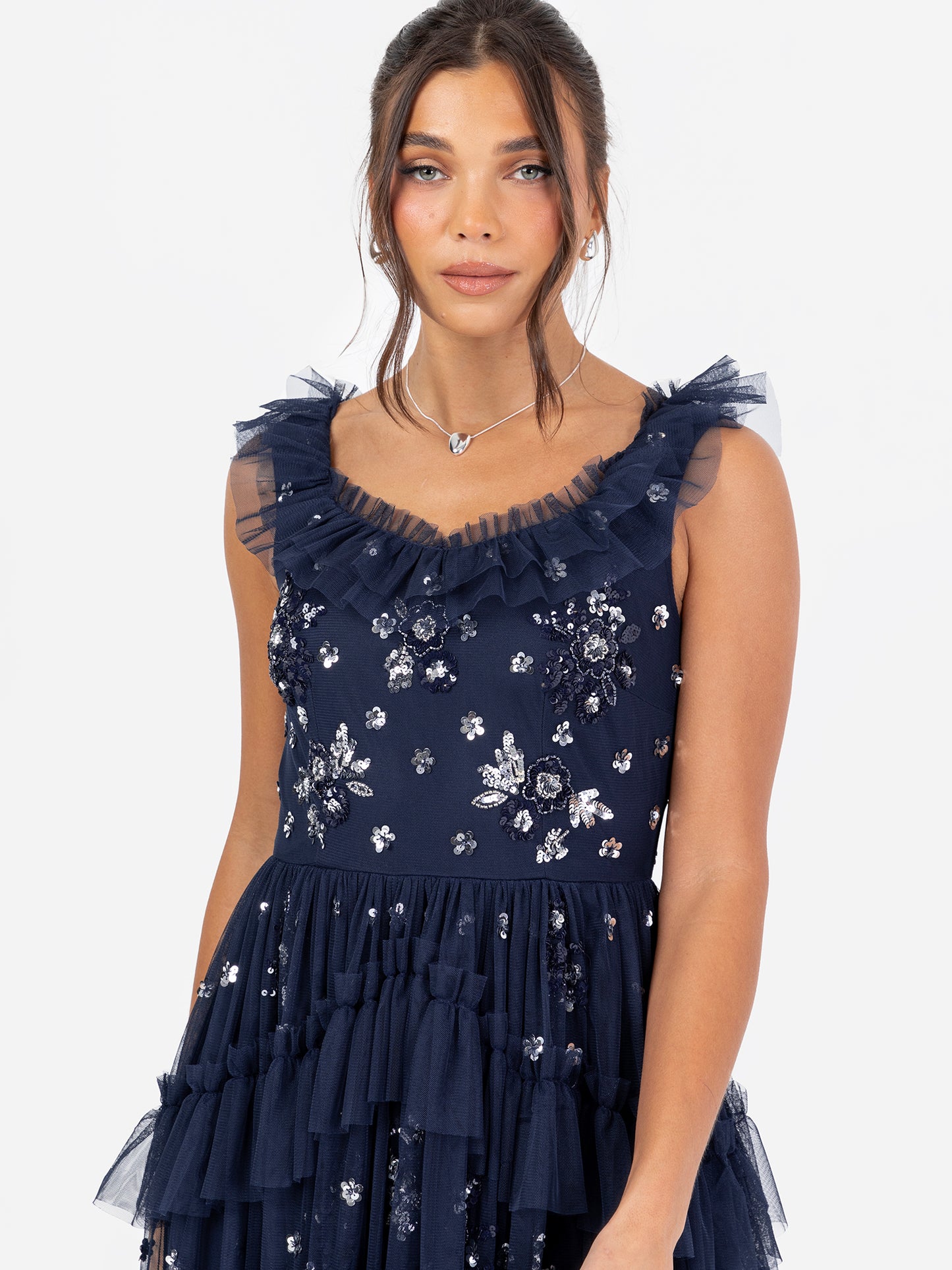 Maya Navy Embellished Sleeveless Tiered Maxi Dress
