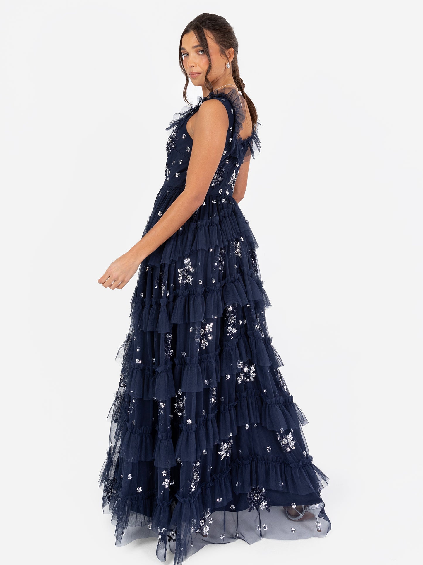 Maya Navy Embellished Sleeveless Tiered Maxi Dress