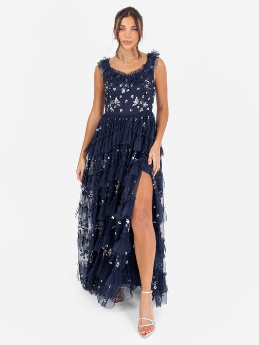Maya Navy Embellished Sleeveless Tiered Maxi Dress