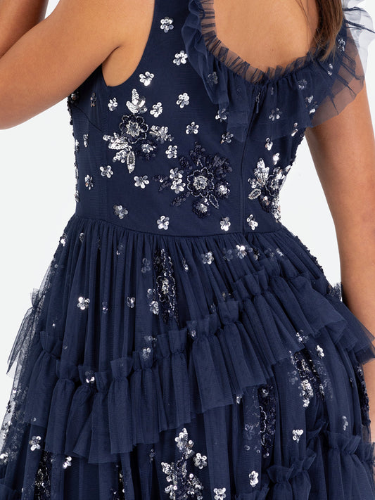 Maya Navy Embellished Sleeveless Tiered Maxi Dress