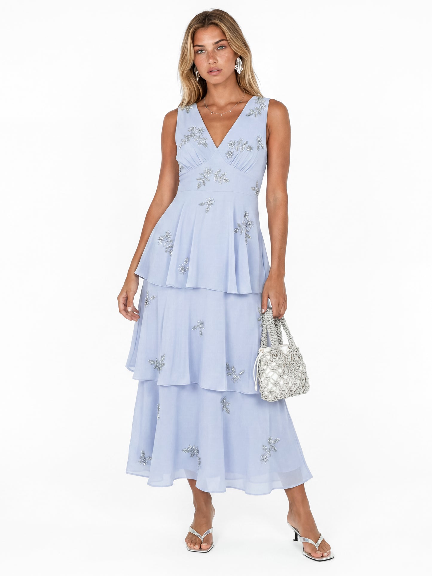 Maya Pastel Blue Embellished Tiered Midaxi Dress