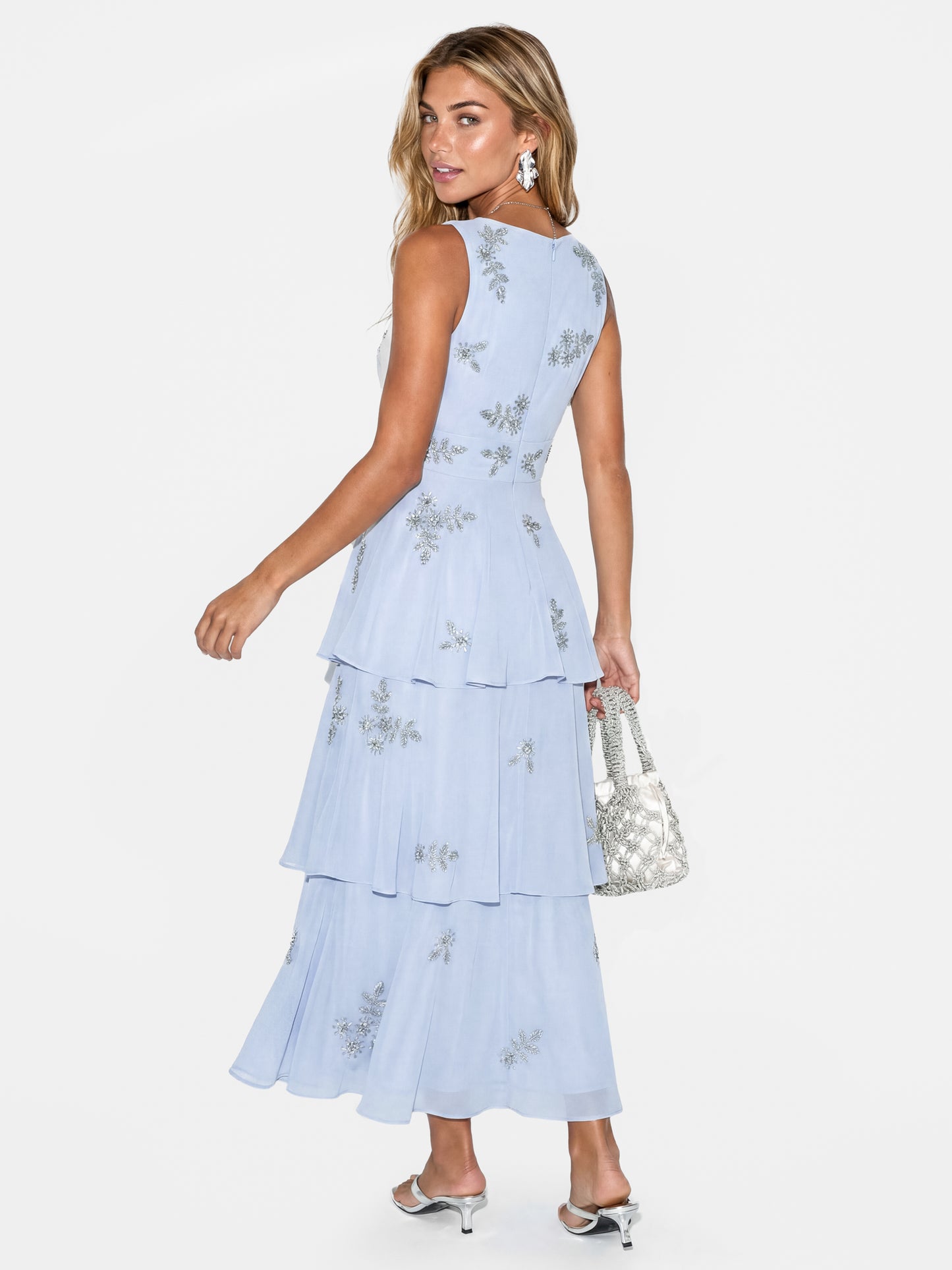 Maya Pastel Blue Embellished Tiered Midaxi Dress
