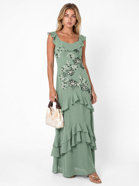Maya Dark Sage Green Embellished Ruffled Maxi Dress with Keyhole Back