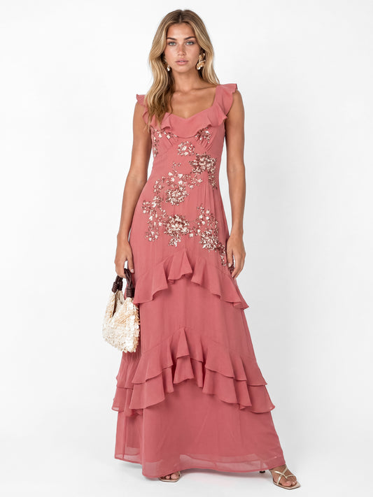 Maya Mid Pink Embellished Ruffled Maxi Dress with Keyhole Back
