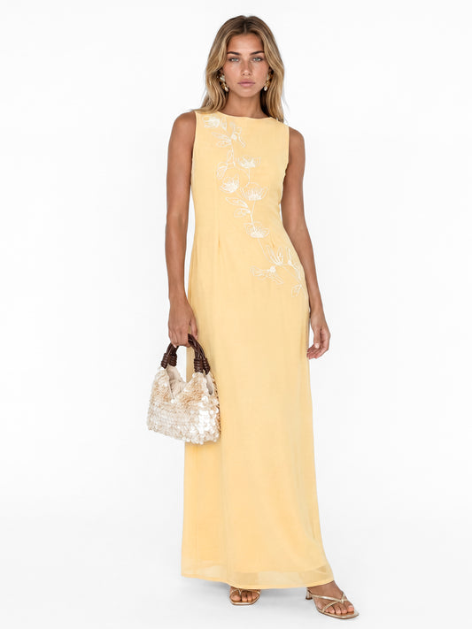Maya Buttercream Floral Embroidered Cowl Back Maxi Dress