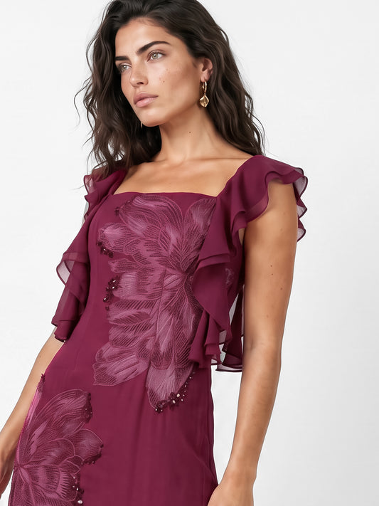 Maya Deep Pink Floral Embroidered Strappy Godet Maxi Dress