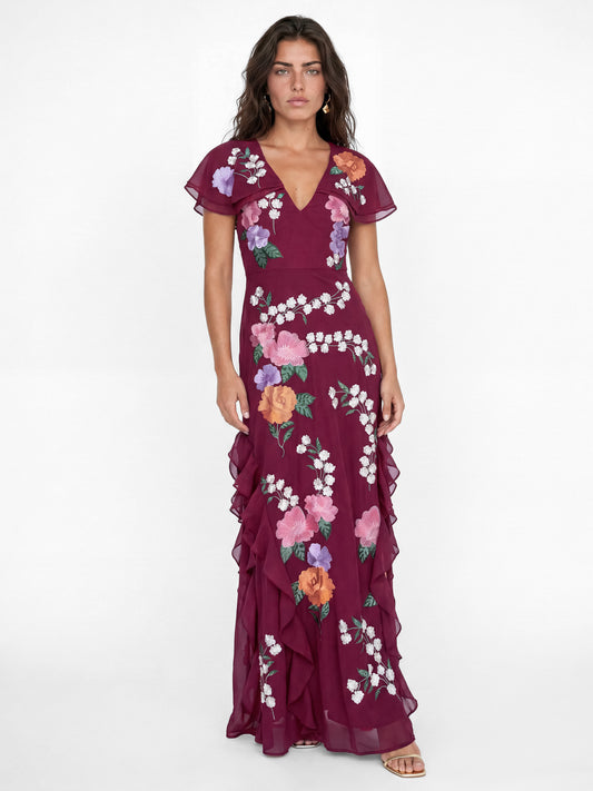 Maya Deep Pink Floral Embroidered Cape Sleeve Tie Back Maxi Dress