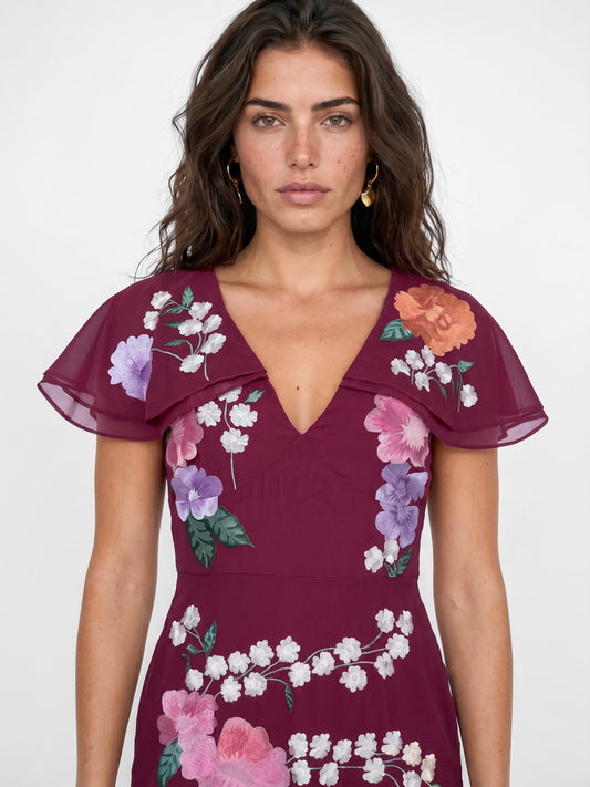 Maya Deep Pink Floral Embroidered Cape Sleeve Tie Back Maxi Dress