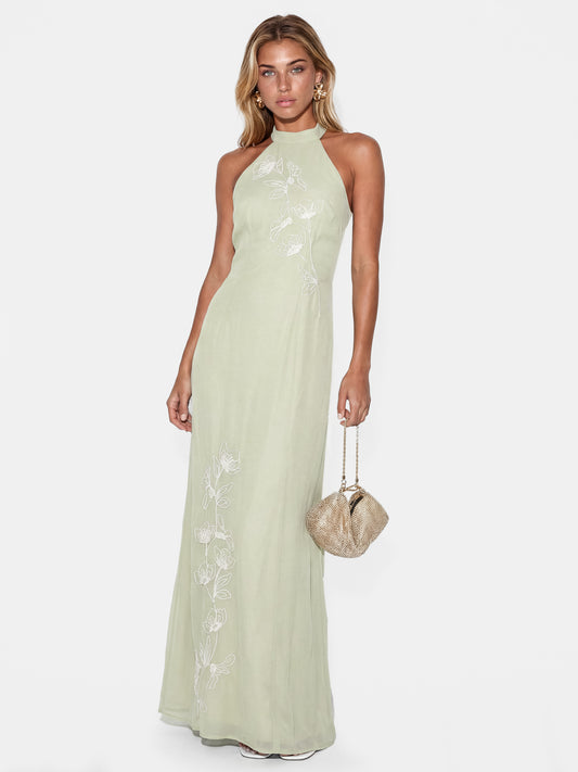 Maya Meadow Green Embroidered Halter Neck & Keyhole Back Maxi Dress