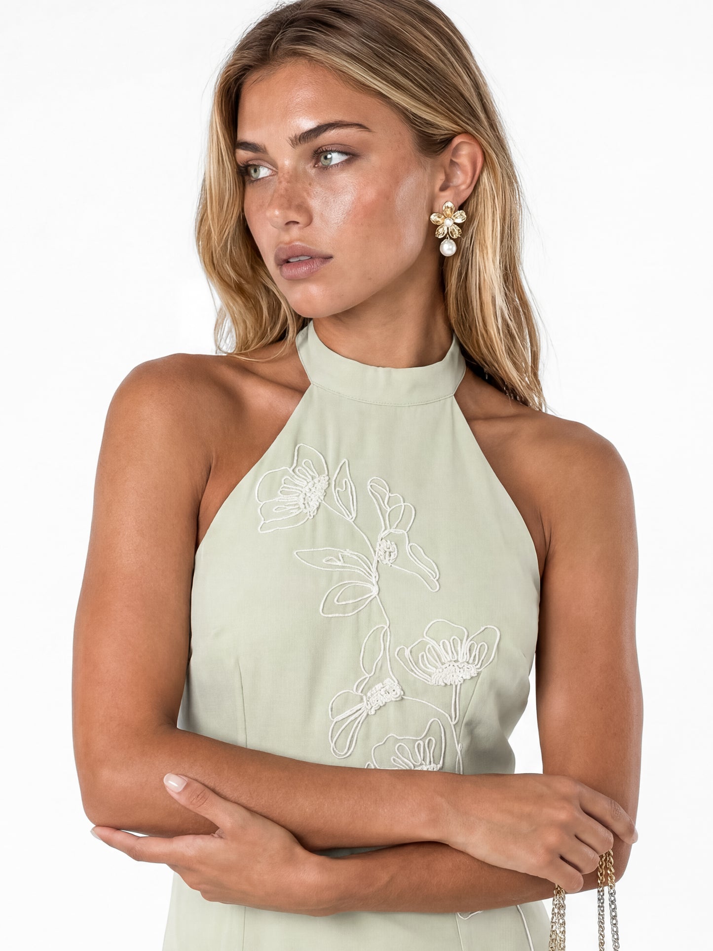 Maya Meadow Green Embroidered Halter Neck & Keyhole Back Maxi Dress