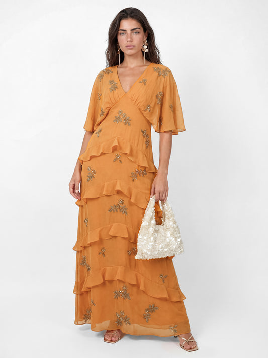 Maya Amber Floral Embellished V Neck Kimono Sleeve Ruffled Maxi Dress