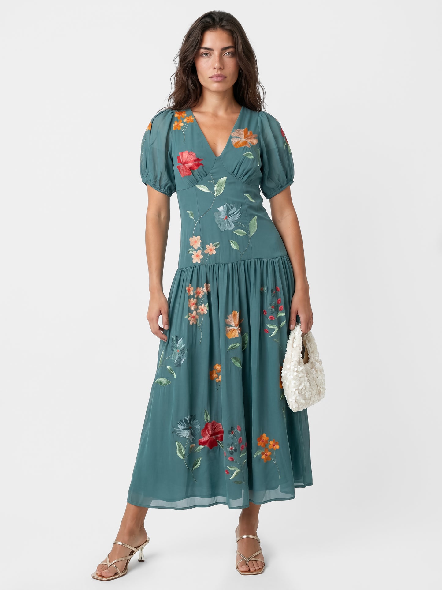 Maya Turquoise Floral Embroidered Dropped Waist Midaxi Dress