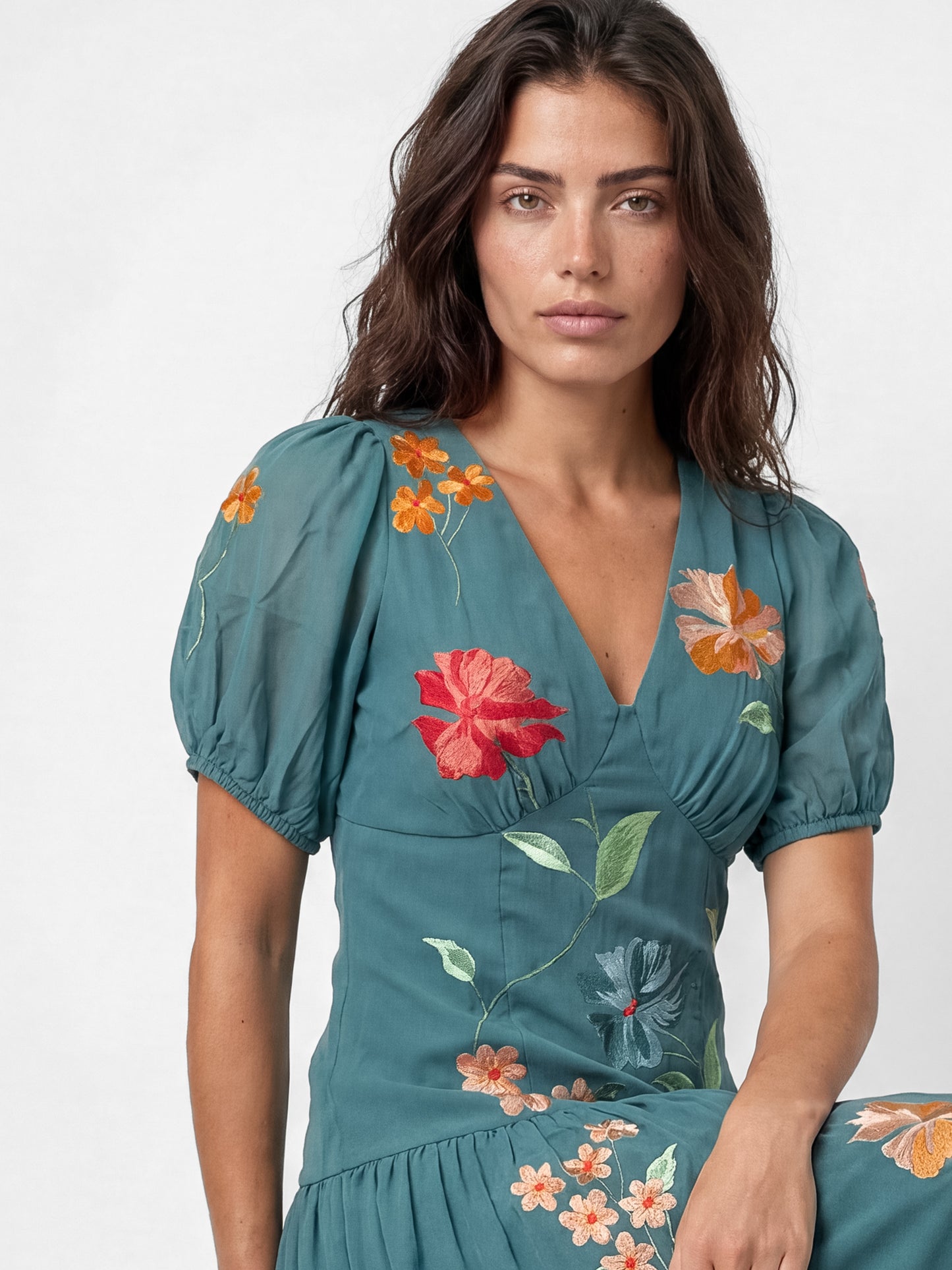 Maya Turquoise Floral Embroidered Dropped Waist Midaxi Dress