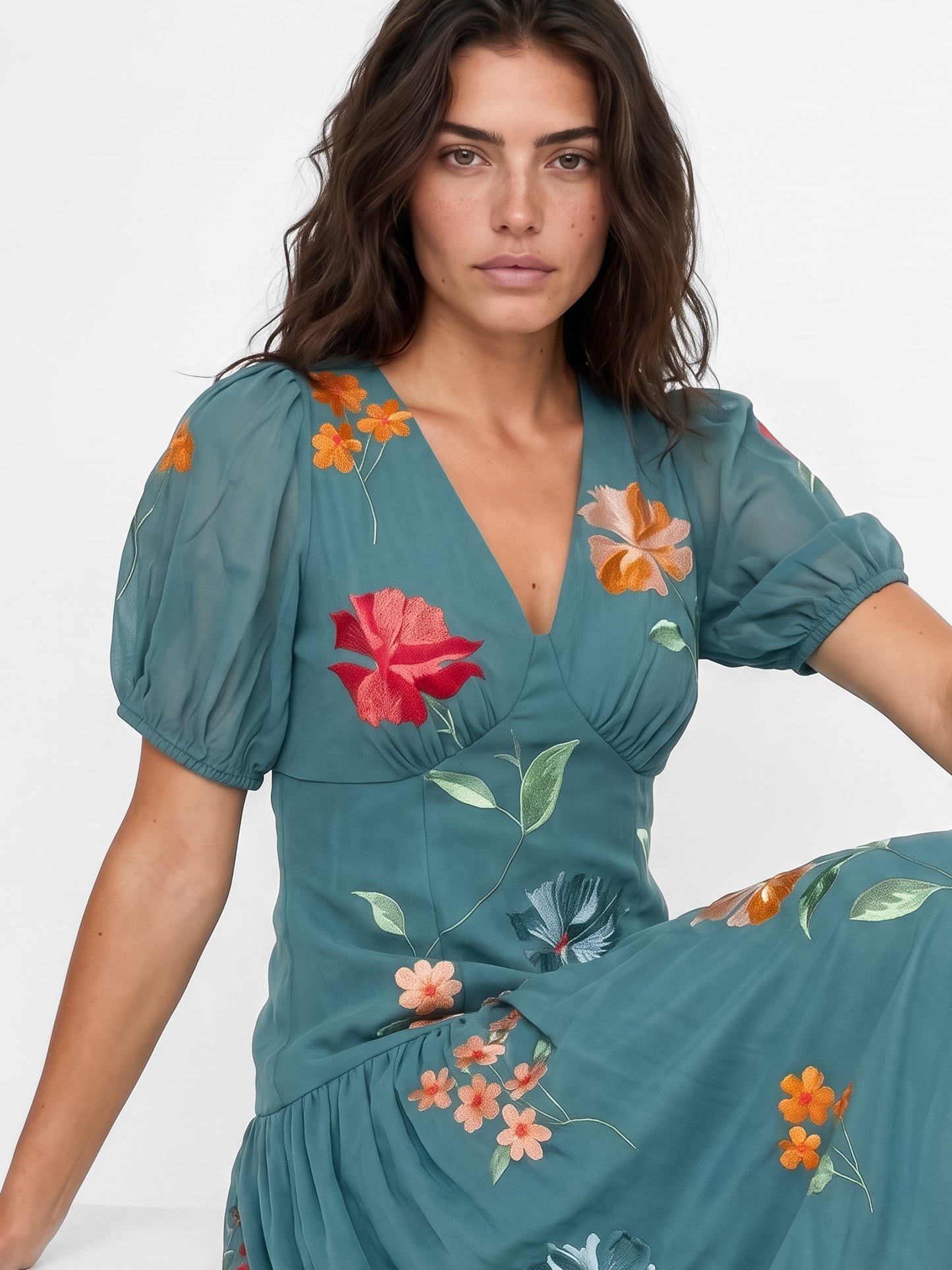 Maya Turquoise Floral Embroidered Dropped Waist Midaxi Dress
