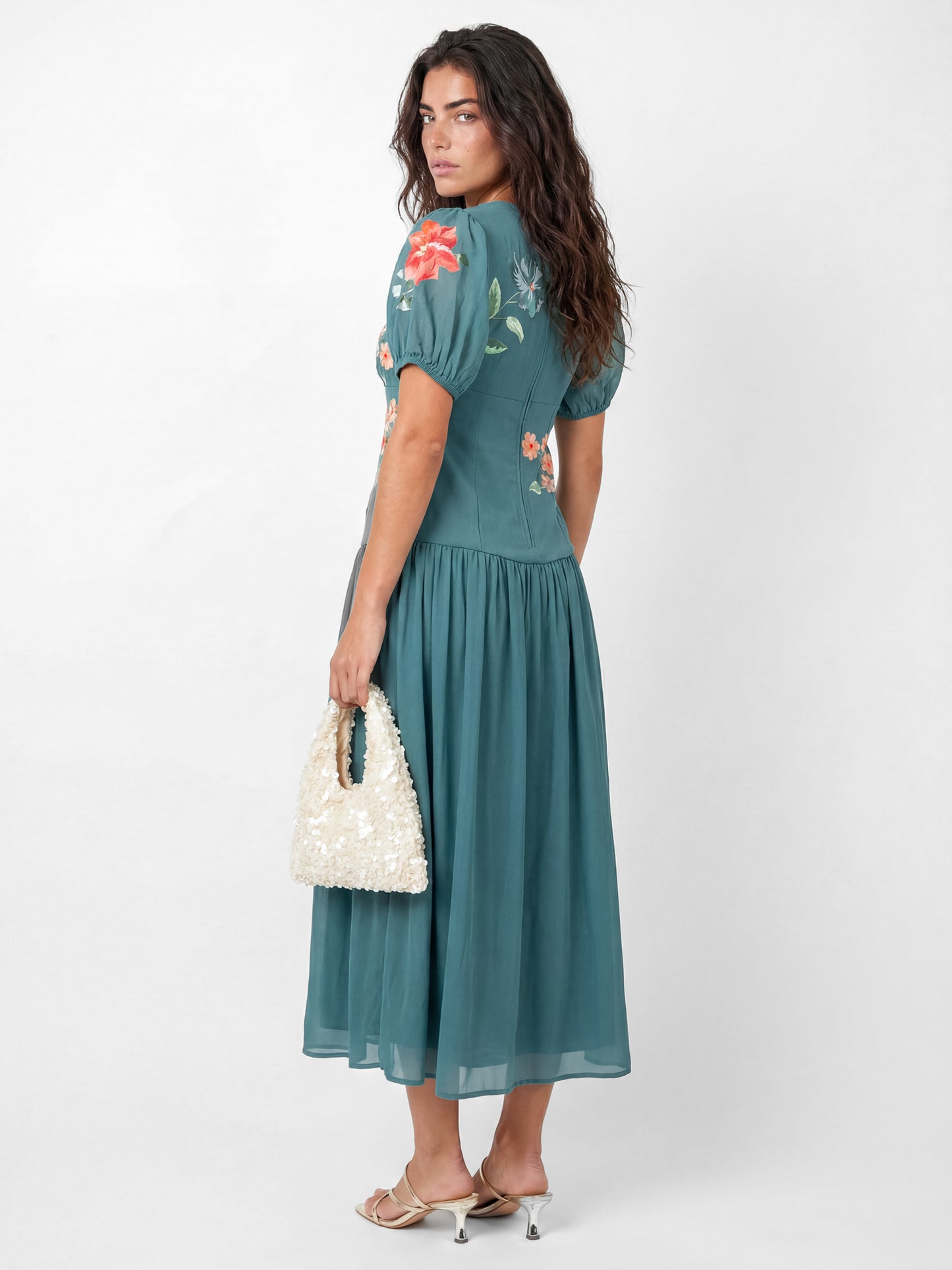 Maya Turquoise Floral Embroidered Dropped Waist Midaxi Dress